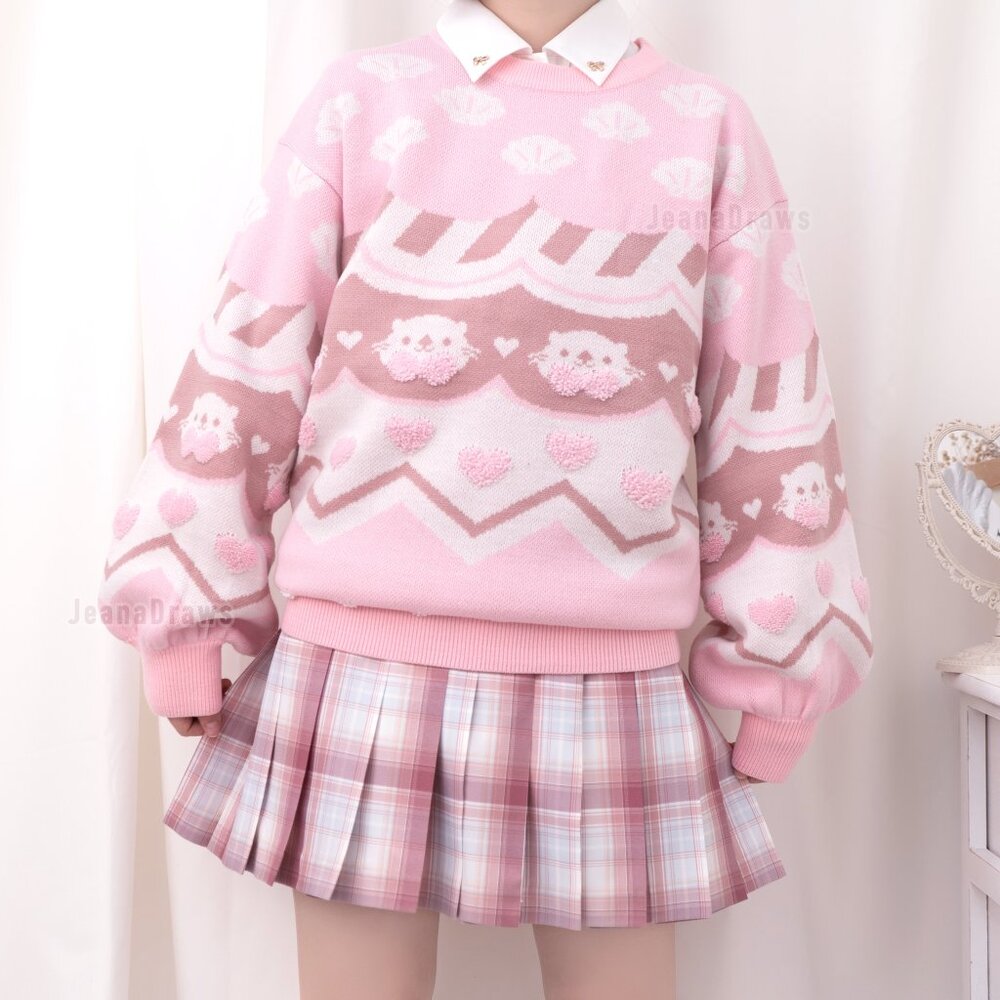 JeanaDraws pink lakko otter sweater new nwot cute!